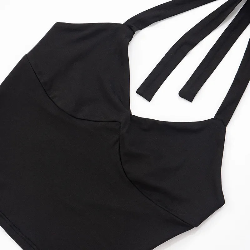 Women Solid Sexy 2 Piece Set Summer Tracksuits Lace Up Halter Backless Tank Crop Tops + Skinny Knee Length Pants Fitness Suits