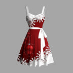 Dressfo Women's Christmas Dresses Sweetheart Neck Snowflake Bell Contrast Print Ruched Bust Tank Belt Festival Dress Vestidos