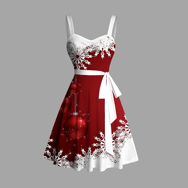 Dressfo Women's Christmas Dresses Sweetheart Neck Snowflake Bell Contrast Print Ruched Bust Tank Belt Festival Dress Vestidos Main image