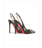 Black lace high-heeled sandals with pointed toes, thin heels, and shallow mouth, comfortable to wear with just one foot