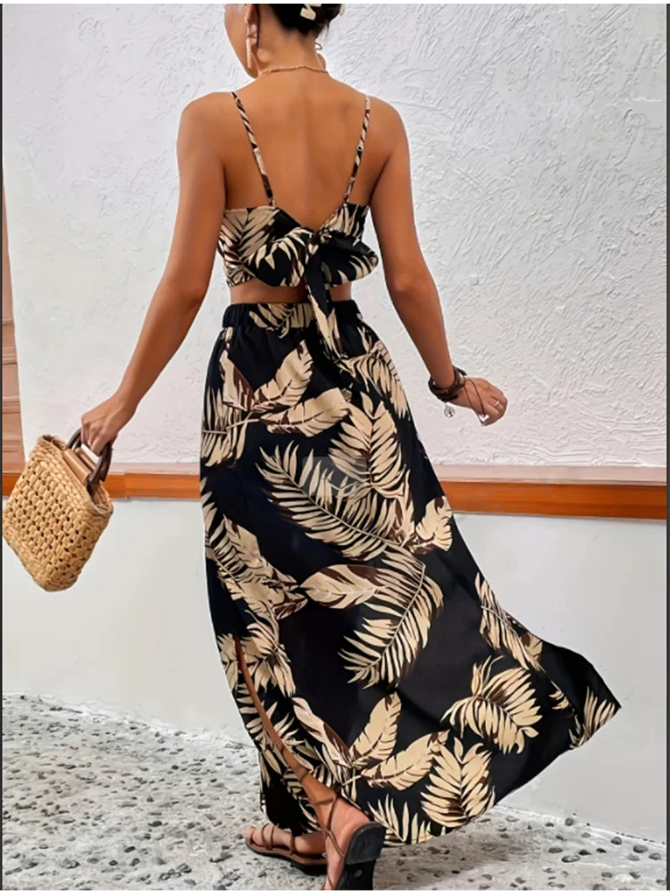 Elegant Deep V-neck Dress Women Summer Sleeveless Printed Vest Skirt Set Sexy High Slit Trend Dresses Secondary image