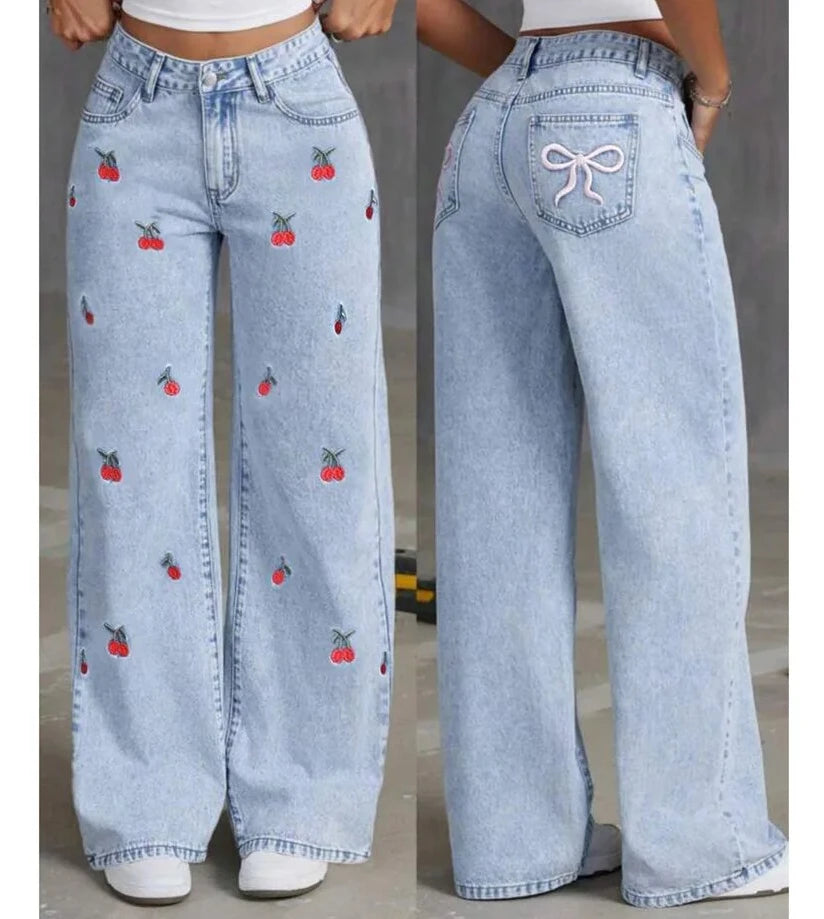 Denim Wide Leg Pants Women Jeans Embroidery High Waist Distressed Washed Mom Pockets Vintage Floor Length Trousers Streetwear Main image