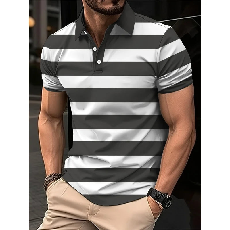 3D Print Colorful Color Block Polo Shirt For Men Stripes Pattern T-Shirts Summer Loose Street Lapel Top Button Short Sleeve Tees Main image