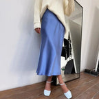 Women's Satin Skirt High Waist Elegant Midi A-line Skirt Lady's Summer Solid Champagne Vintage Silk Long Skirts for Women 2026
