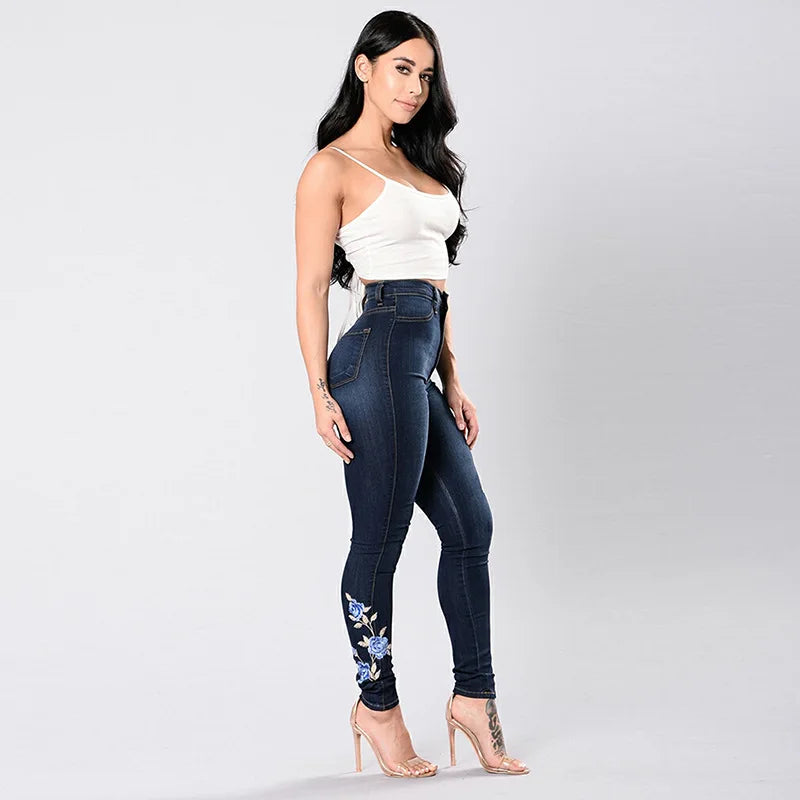New Women's High Waist Embroidered Jeans Fashion Slim Stretch Denim Pencil Pants Street Trendy Trousers S-3XL Drop Shipping