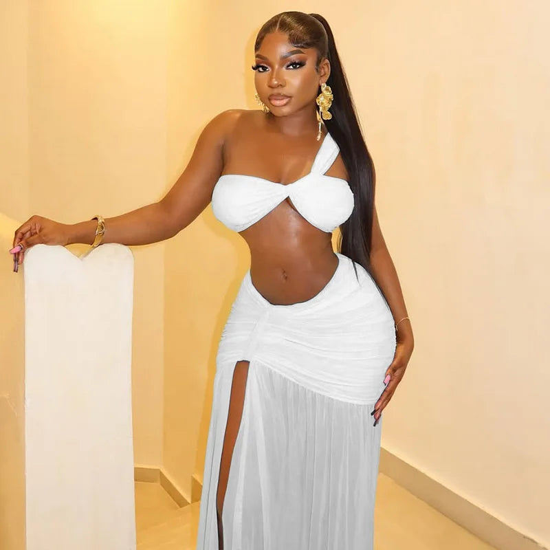 Mesh Ruched Sexy Club Outfits Woman 2026 Birthday Strapless Crop Top and High Split Long Skirt 2 Piece Set Conjuntos Femininos