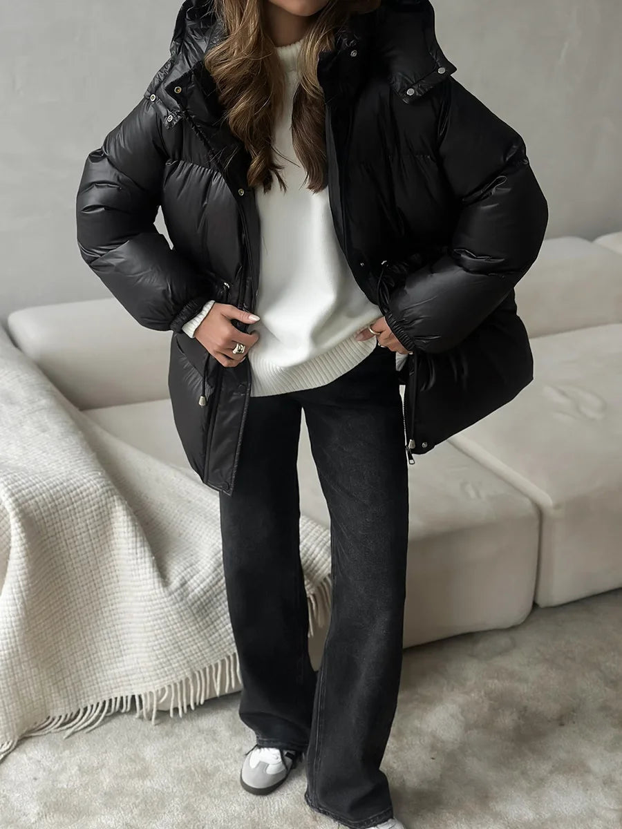 Bornladies Drawstring Slim Fit Cotton Jacket Women's  Winter New Hooded Zipper Cotton Robe Comfortable Warm Bread Jacket