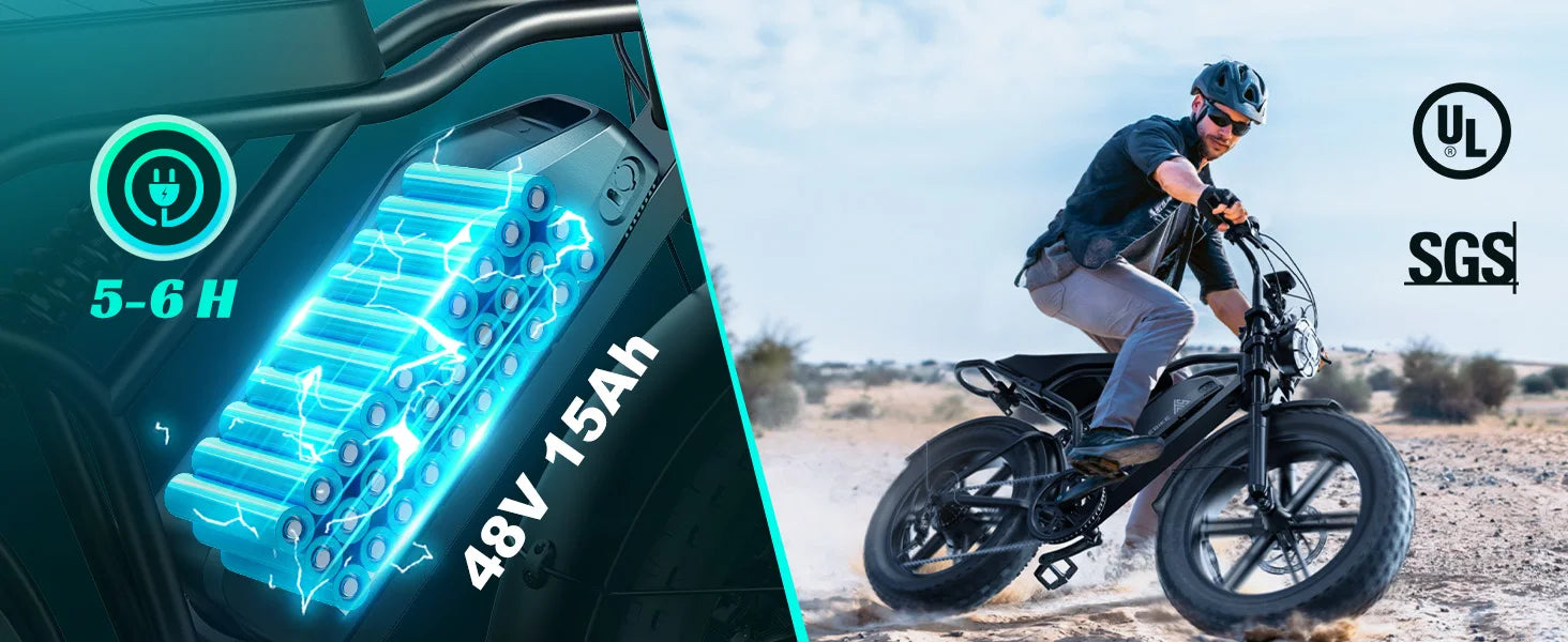 TST R002 1500W e-bike, 20" fat tires, 60-100mile range, 28MPH, 48V 15Ah battery, for all terrains.