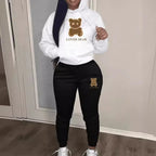 2 Piece Set Women Outfit Letter Bear Print Hooded Neck Hoodies Sweatshirt Pants Tracksuit 2024 Plus Size Streetwear Casual Suit