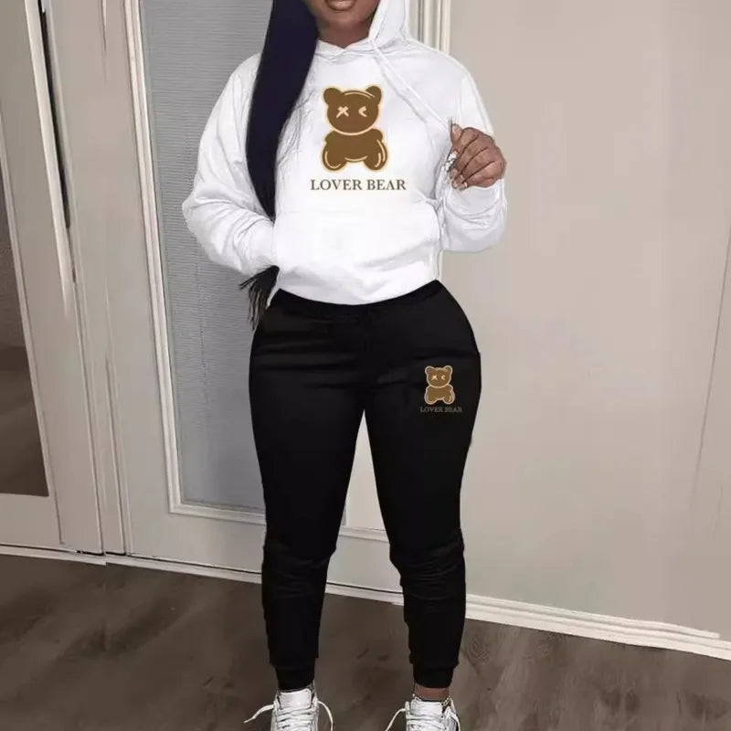 2 Piece Set Women Outfit Letter Bear Print Hooded Neck Hoodies Sweatshirt Pants Tracksuit 2024 Plus Size Streetwear Casual Suit Main image