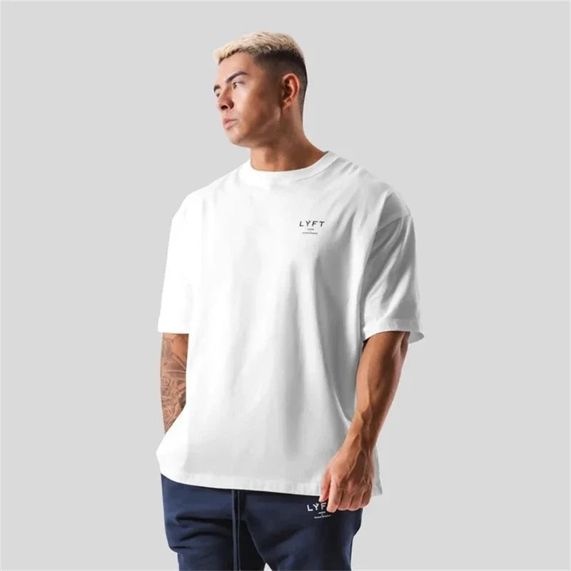 ONE POINT LYFT Print Big T Shirt Men Running Sport Gym Fitness Training Oversize 100% Cotton T-shirt Mens Bodybuilding Tee Tops