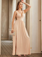 Women Evening Dresses 202 Sister Group Sexy Split V Neck Backless Sleeveless Formal Wedding Party Prom Gowns Bridesmaid Vestido