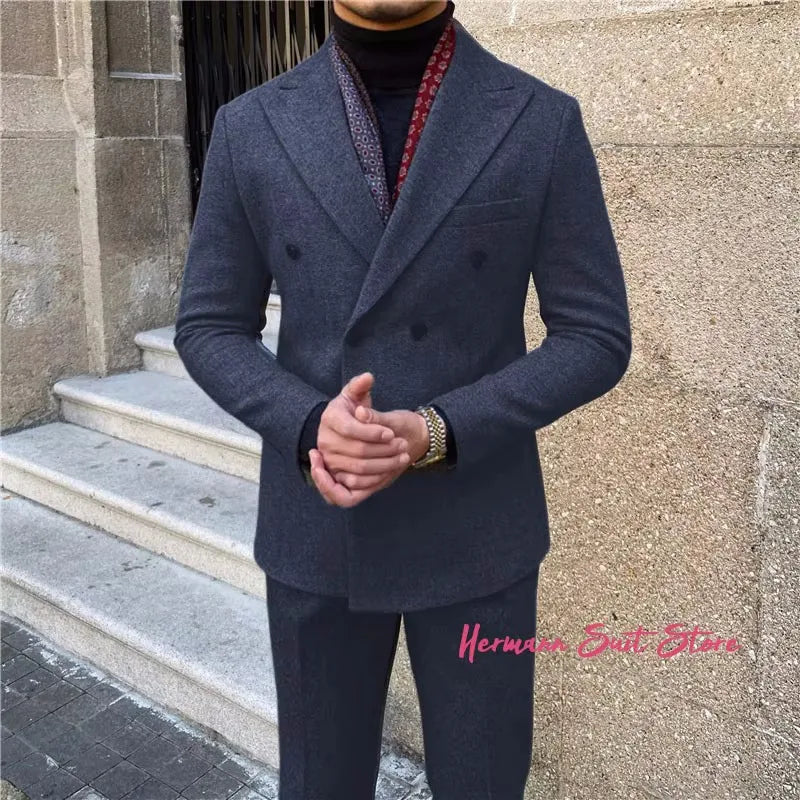 Wool Blend Men's 2 Piece Suit Set（Jacket+Pants) Double Breasted Lapel Suit Set Wedding Prom Dinner Wrok Travel Dinner Banquet