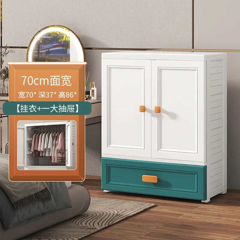 New model 70-Face wide thickened wardrobe simple bedroom plastic cabinet double door drawer type clothes hanging storage cabinet