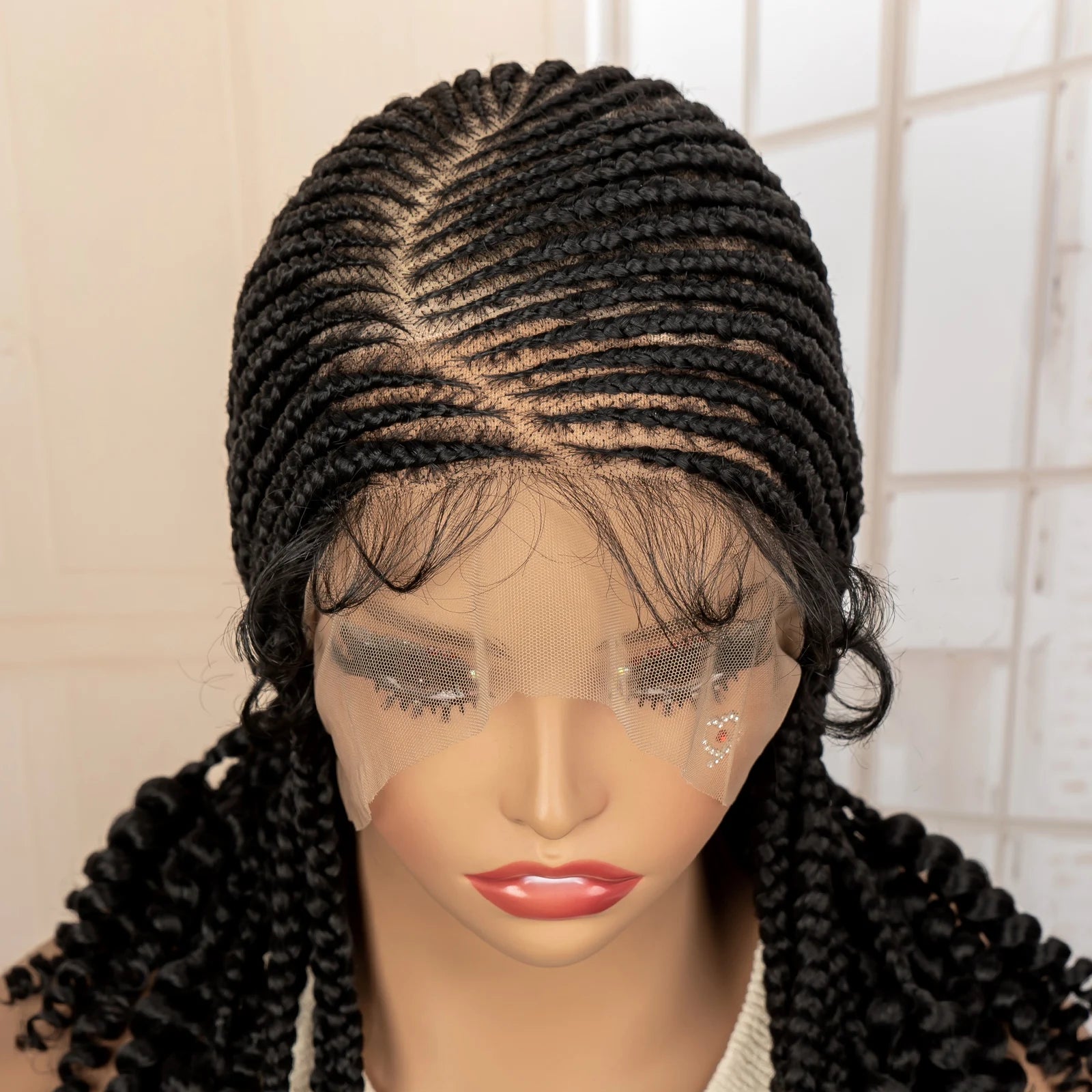 Full Lace Braided Wig with Curly Ends Synthetic Cornrow Braids Wig for Black Women Lace Frontal Afro Knotless Braiding Wigs