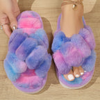 Women’s Cross Band Slippers Cozy Furry Fuzzy House Slipper Indoor Non Slip Open Toe Slip On Warm Plush Shoes Soft Lightweight