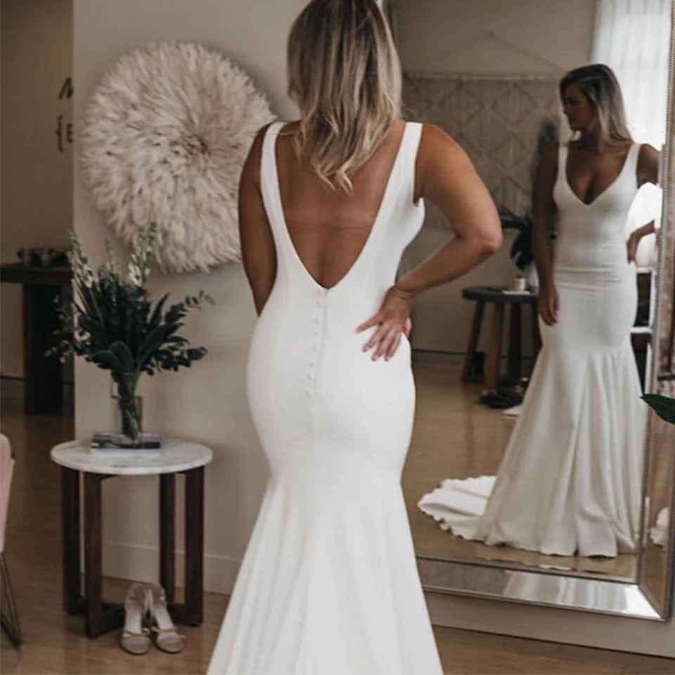 Mermaid Wedding Dresses 2026 Women Elegant Sleeveless White Vestidos De Novia Simple Boho Satin Long Sexy V-Neck Bride Gowns