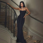 FDYOUI Elegant Strapless Bandage Evening Party Dress for Women 2025 Autumn Sleeveless Backless Bodycon Ruched Long Maxi Dresses