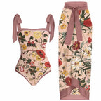 Fashion Women Cover Swimsuit Retro Print Gorgeous One-Piece Suit with Swimwear Beach Casual Swimwear Skirt That Wraps Hips