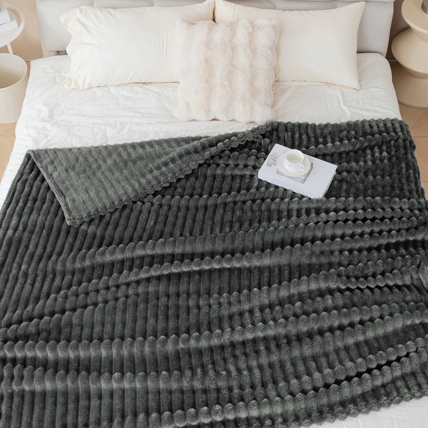 1pc solid color thick wide stripe multifunctional blanket, can be used as bed sheet covering blanket, nap blanket, pet blanket