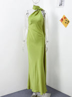 Elegant Ribbon Halter Dress Women Solid Off Shoulder Sleeveless Backless Slim Maxi Dresses 2026 Summer Autumn Party Robes Lady