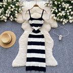 Lady New Stripes Ins Fashion Sexy Package Hips Bodycon Dress  Summer Knitted Spaghetti Straps Outfits Maxi Long Women Dress