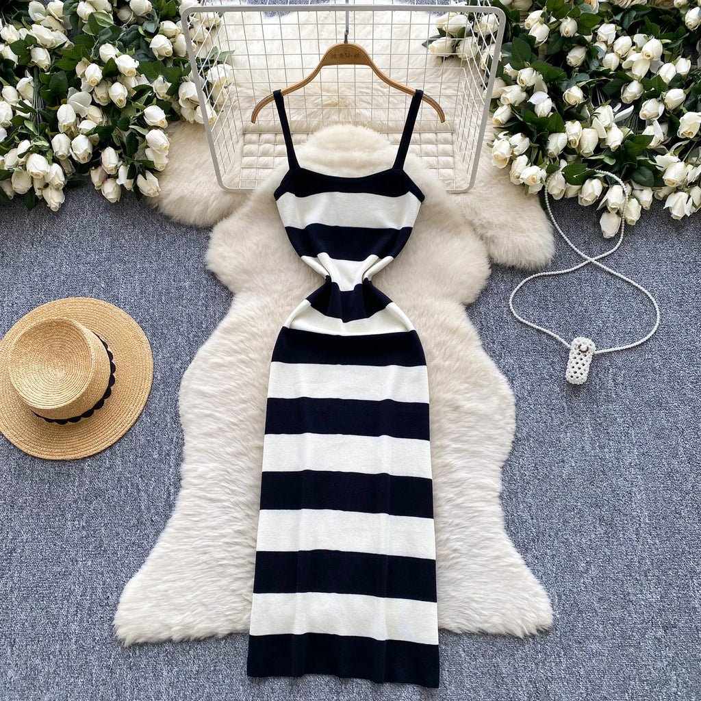 2025 & 2026 Lady New Stripes Ins Fashion Sexy Package Hips Bodycon Dress  Summer Knitted Spaghetti Straps Outfits Maxi Long Women Dress