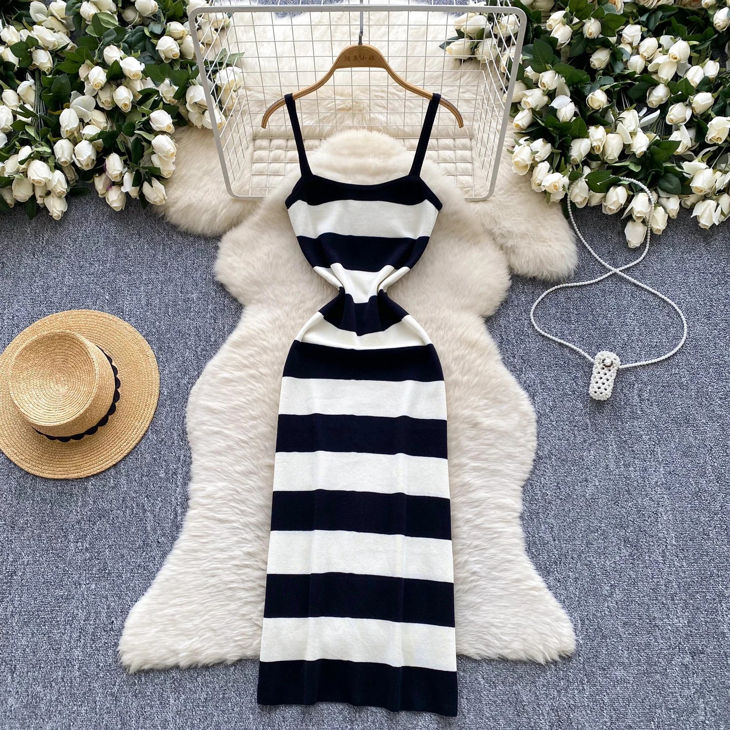 2025 & 2026 Lady New Stripes Ins Fashion Sexy Package Hips Bodycon Dress  Summer Knitted Spaghetti Straps Outfits Maxi Long Women Dress