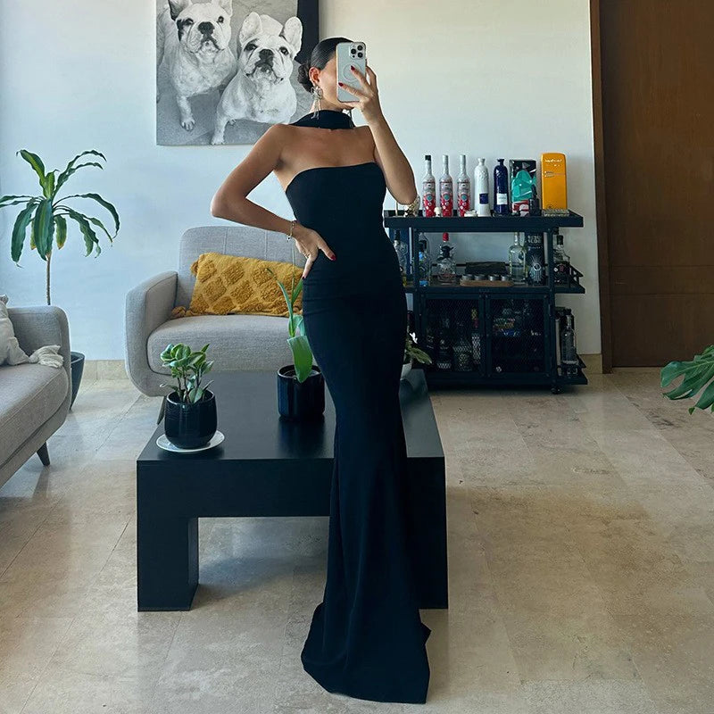 Elegant Solid Off Shoulder Bridesmaid Dresses Fashion Women Halter Slim Evening Dress Sexy Strapless High Waist Tight Long Dress