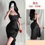 Red New Sling Sexy And Charming Ruffle Edge Bottom Split Smooth Surface Sleeveless Appear Thin Temperament Girl Long Dress 👗