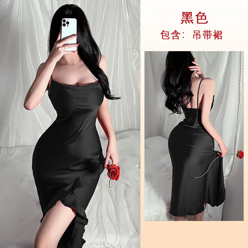Red New Sling Sexy And Charming Ruffle Edge Bottom Split Smooth Surface Sleeveless Appear Thin Temperament Girl Long Dress 👗
