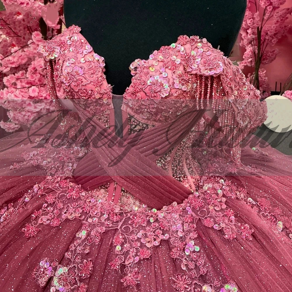 Customized Elegant Pink Quinceanera Dress Ball Gown Beads Applique Corset Pageant Sweet 15 Party Tiered Ruffle Prom Party Dress