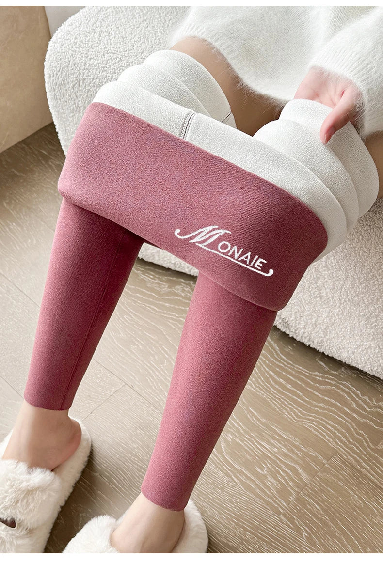 Winter Cashmere Leggings Women Solid Warm Leggings High Waist Slim Stretchy Pants Big Size Adding Velvet and Thickening Pants