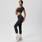 2PCS Woman Gym Sports Yoga Set Knitted Slim Workout Top Short Sleeve Quick Drying Legging Fitness Pants Running Sports Yoga Suit