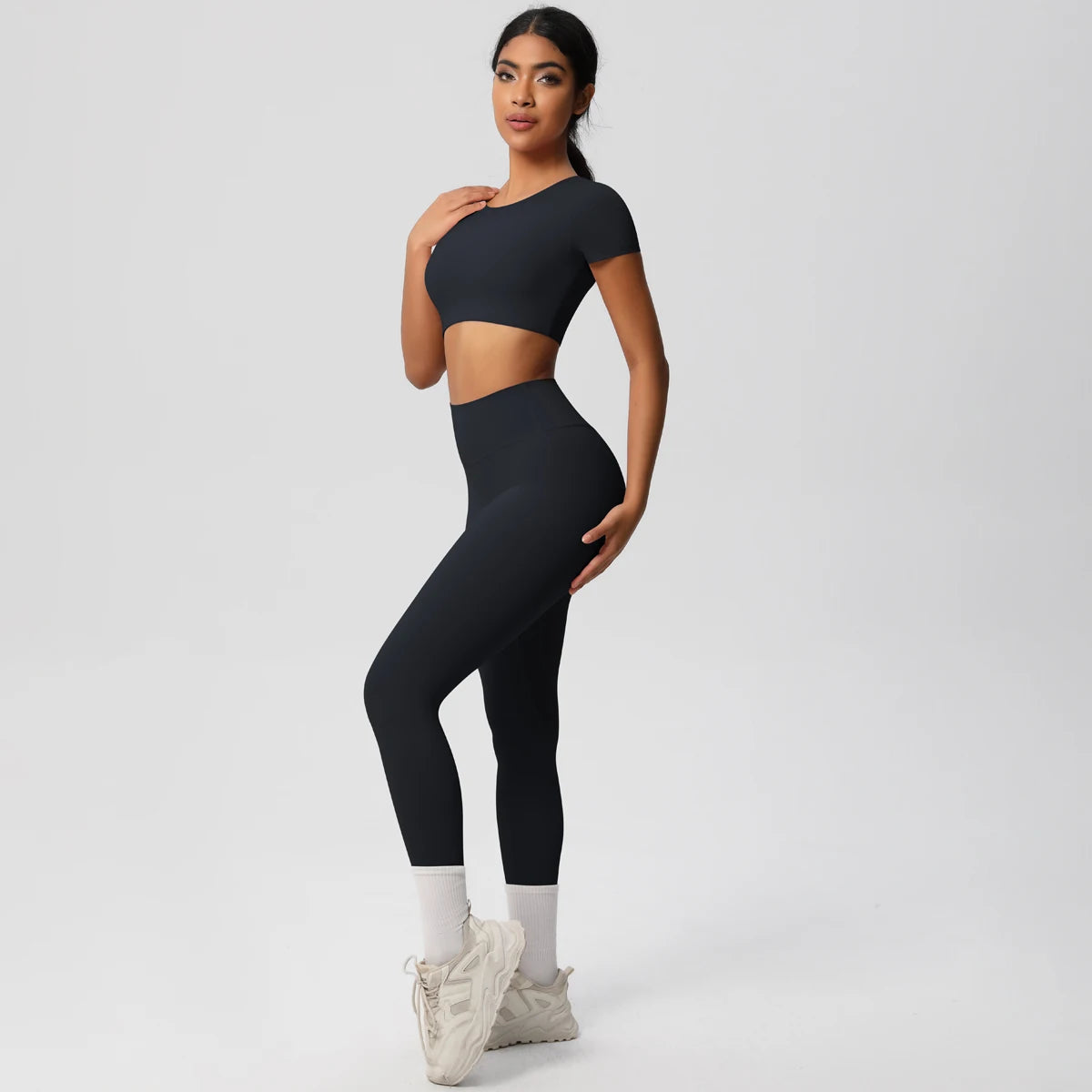 2PCS Woman Gym Sports Yoga Set Knitted Slim Workout Top Short Sleeve Quick Drying Legging Fitness Pants Running Sports Yoga Suit