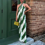 2026 New Elegant Halter Striped Womens Holiday Dress Chic Pleated Sleeveless Bohemian Dress Sexy Backless Hollow Out Party Dress
