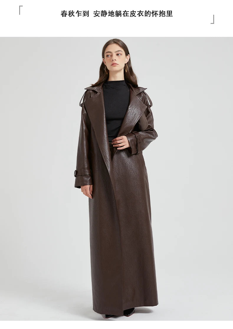 Lautaro Spring Autumn Extra Long Brown Pu Leather Trench Coat for Women Sashes Luxury Chic Overcoat Runway European Fashion 2024