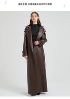 Lautaro Spring Autumn Extra Long Brown Pu Leather Trench Coat for Women Sashes Luxury Chic Overcoat Runway European Fashion 2024