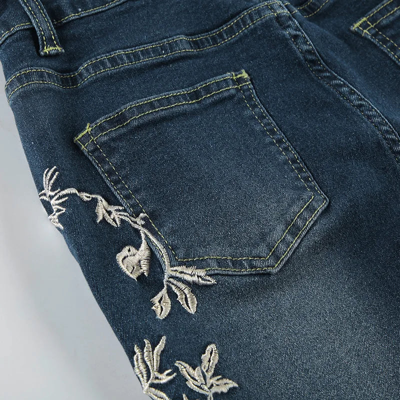 Flare Pants Jeans Women Embroidery Boot Cut Low Waist Washed Distressed Pockets Floor Length Streetwear 2025 Denim Trousers