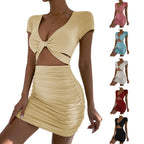 2026 cross-border women's short-sleeved summer Europe and the United States sexy V-neck Fanny pack buttock dress
