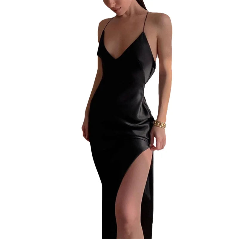 Sexy Spaghetti Strap Backless Summer Dress Women Satin Silky Spaghetti Strap Split Lace Up  Dress Elegant Bodycon Party Dresses