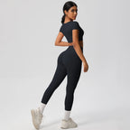 2PCS Woman Gym Sports Yoga Set Knitted Slim Workout Top Short Sleeve Quick Drying Legging Fitness Pants Running Sports Yoga Suit