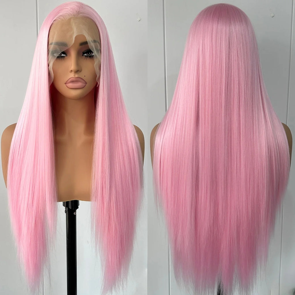 Light Pink Long Silky Straight Synthetic Lace Front Wig Free Part Pastel Pink Heat Resistant Fiber Wigs for Women Daily Party