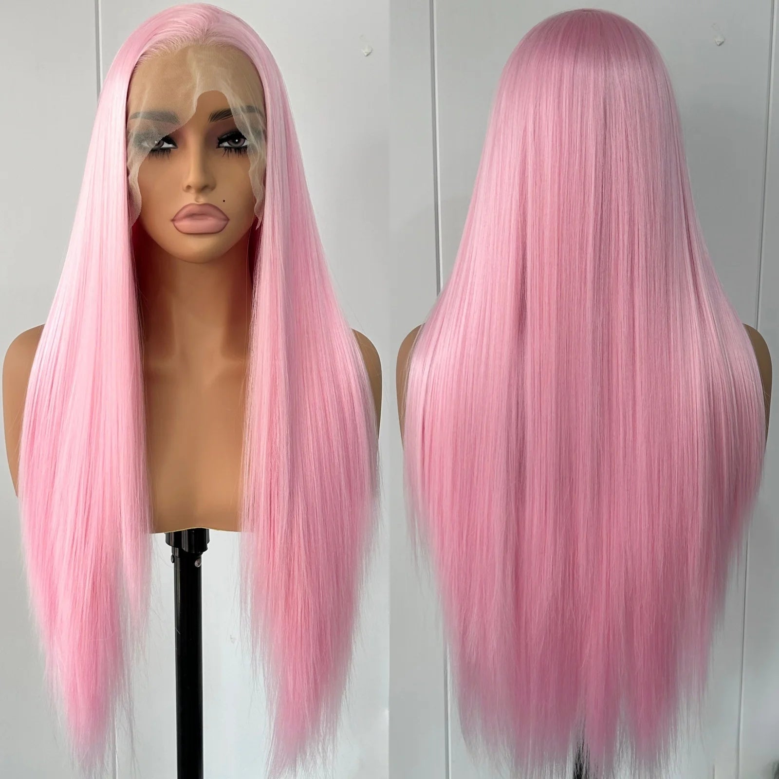 Light Pink Long Silky Straight Synthetic Lace Front Wig Free Part Pastel Pink Heat Resistant Fiber Wigs for Women Daily Party