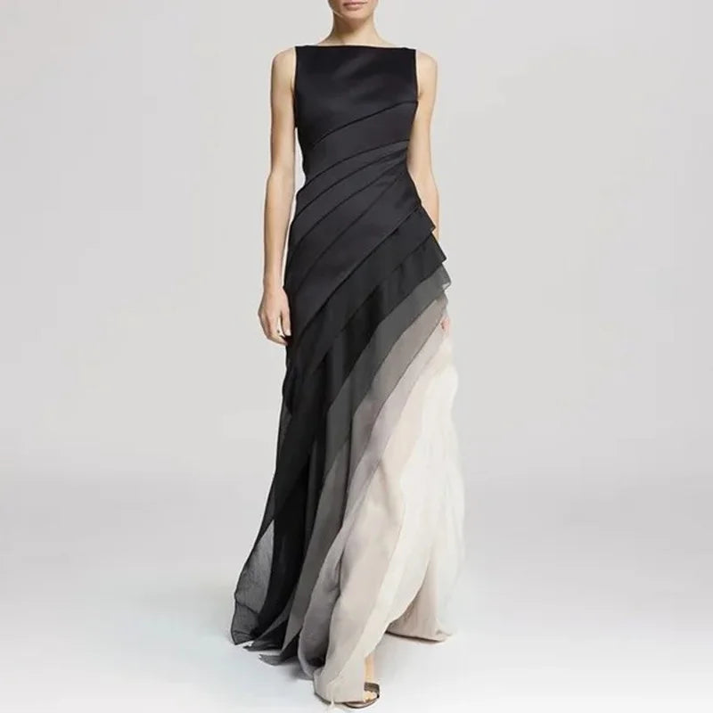 Party Dress Lady Chic Sleeveless Pleated Long Dress Elegant High Waist Evening Maxi Dress Women Fashion Gradient Patchwork Black Main image