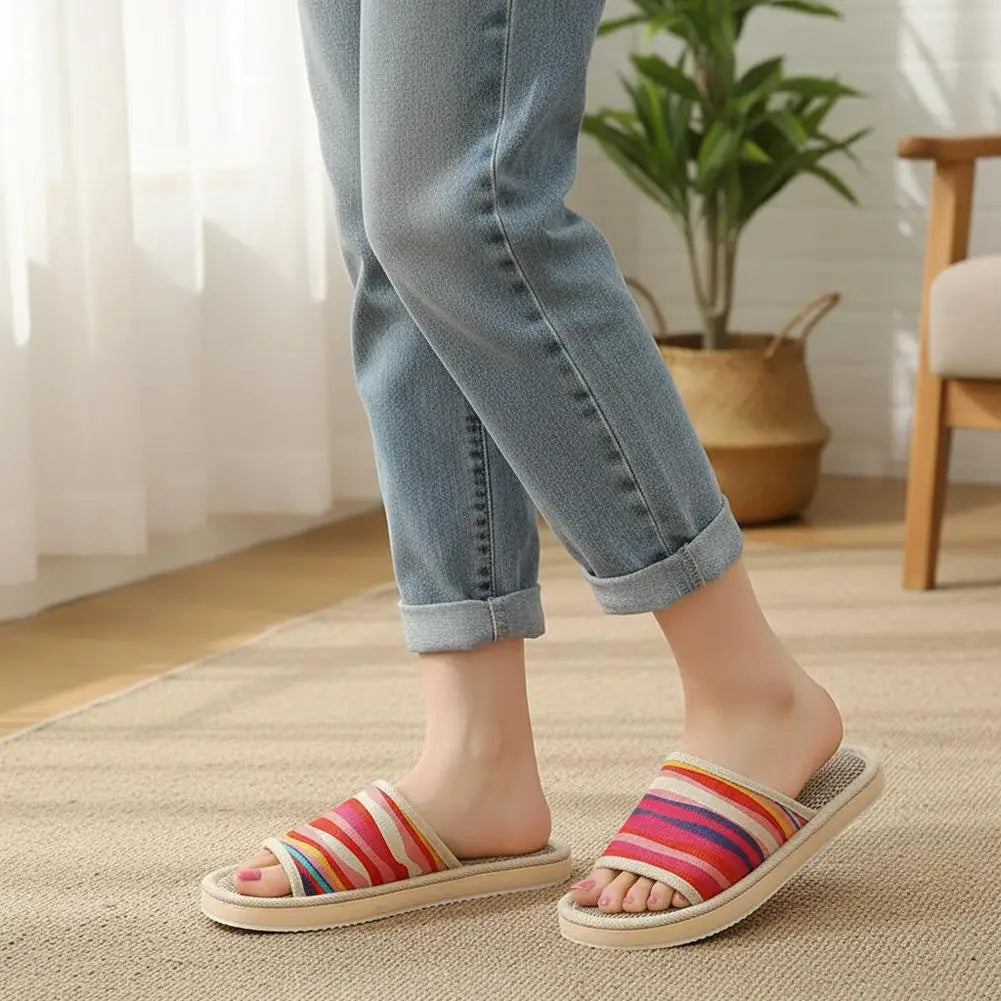 Striped Linen Open Toe Slippers Breathable Indoor House Slippers Anti Slip EVA Sole Lightweight Casual Home Slides For Men Women