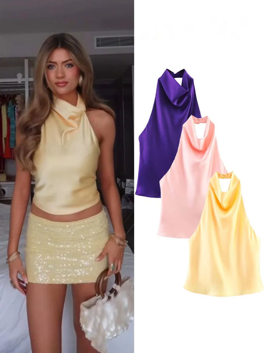 HH Women's Summer New Fashion Chic Short Tops Solid Sleeveless Backless Decorate Buttons Female Sexy Slim Tops 5 Color