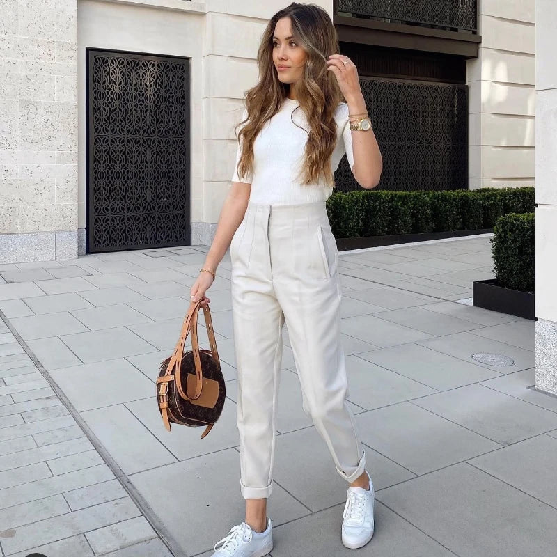 HXAO Fashion Office Wear High waist Pants for Women Formal Pants Office outfits Pencil Trousers Black Pink White Ladies Pants