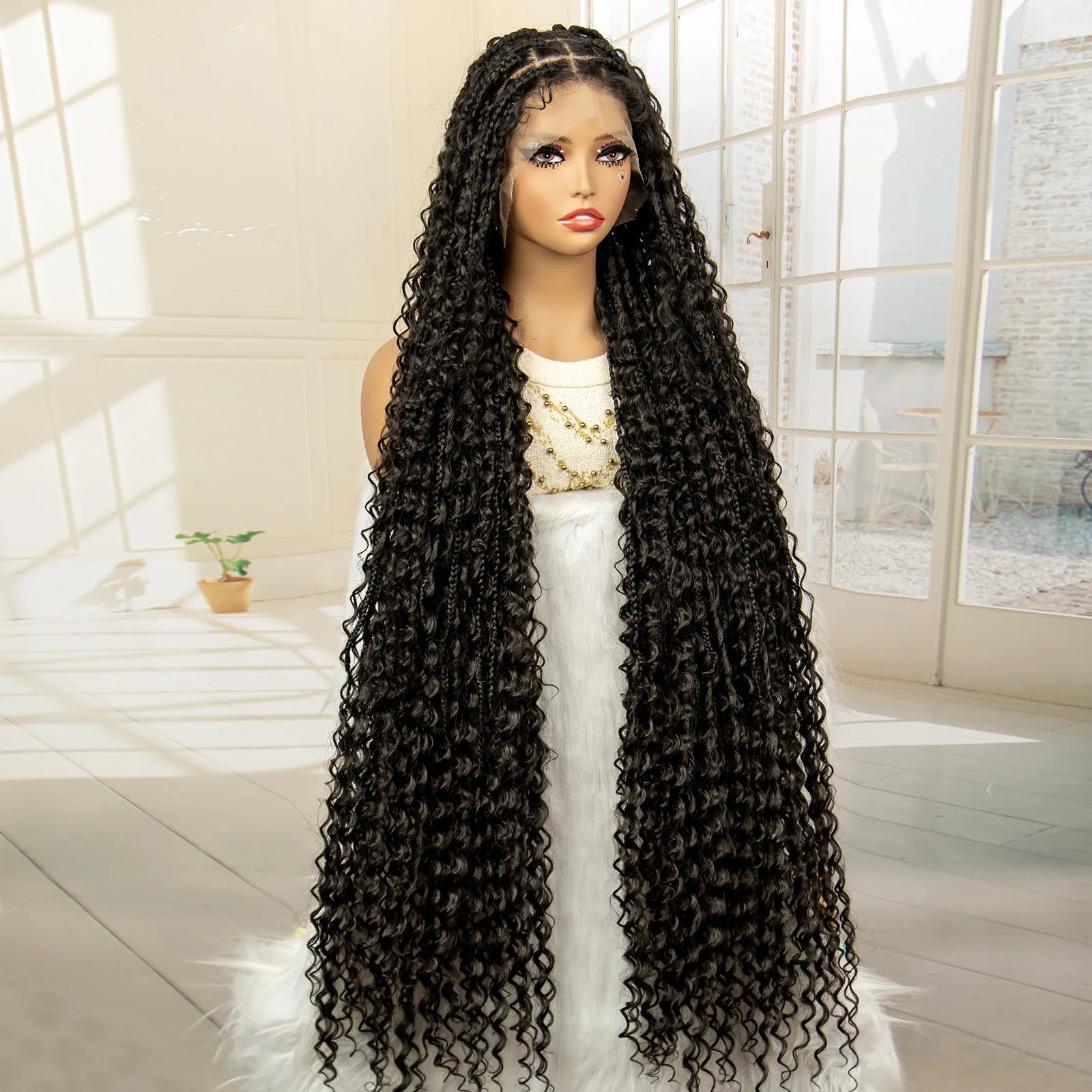 Full Lace Synthetic Box Braided Wigs Boho Braids Wig Black Women 40 Inches Synthetic Wig Afro Bohemian Braiding Hair