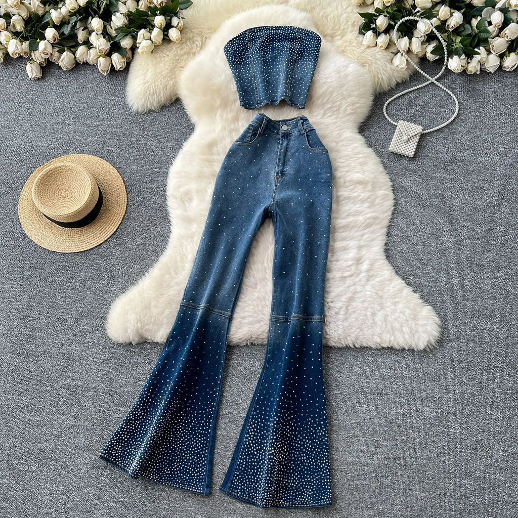Denim Pant Set Women Two Piece Sets Sexy Matching Sets Sleeveless Short Tops Long Flare Pants High Waist Slim Hot Diamond
